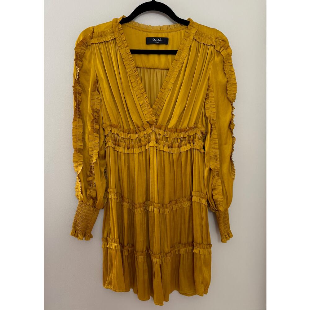O.P.T. Feminine Modern Tianna Gold Pleated Ruffle Tiered Silky Mini Dress M - Picture 2 of 15